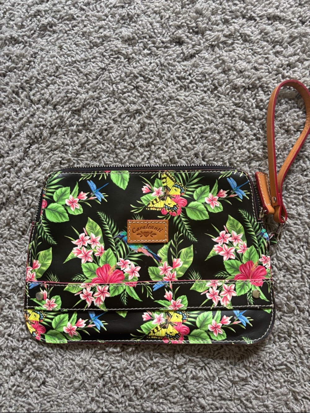 Cavalcanti Black Tropical Floral Leather Wristlet Clutch